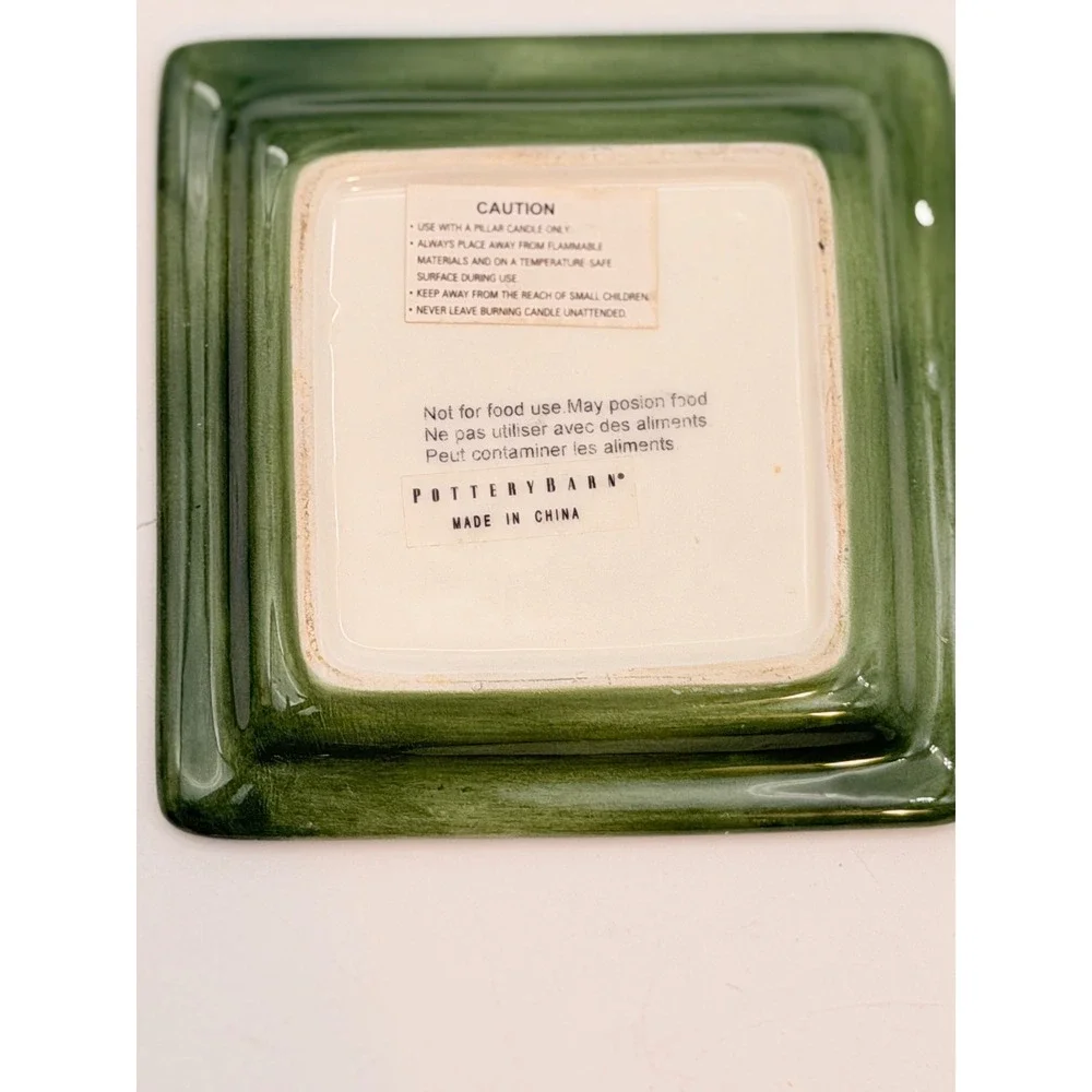 Pottery Barn Green Glazed Ceramic Square Pillar Candle Plate Trinket Tray 4.5in
